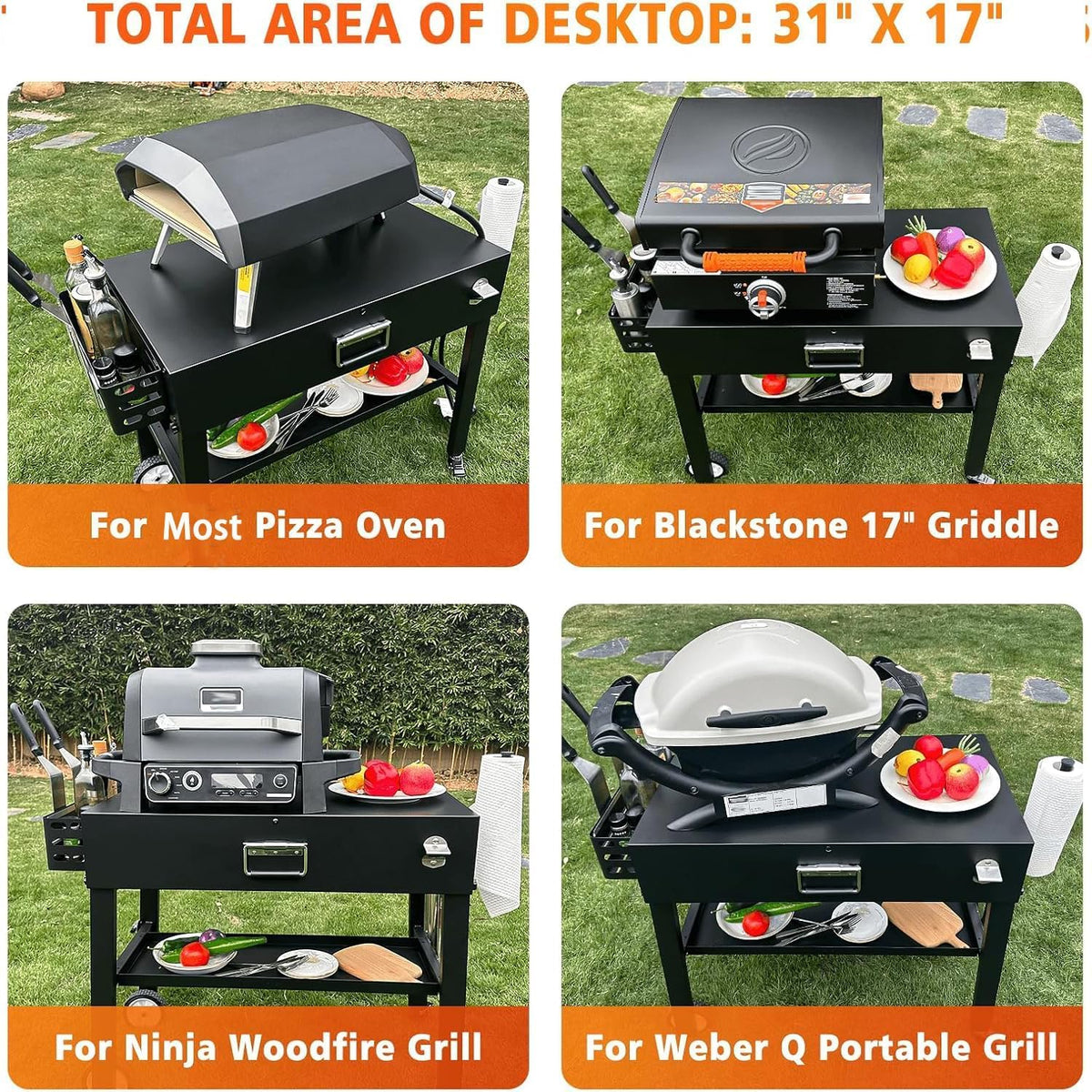 Foldable Outdoor Grill Cart Table, 31in x 17in, Black Carbon Steel