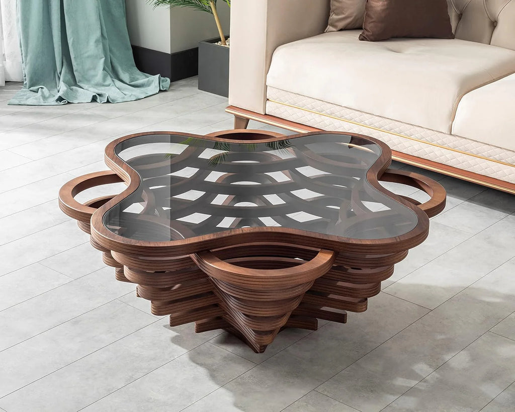 Coffee Table With Tempered Glass Tabletop And Natural Walnut Veneer, 35.43in D x 35.43in W x 16.53in H