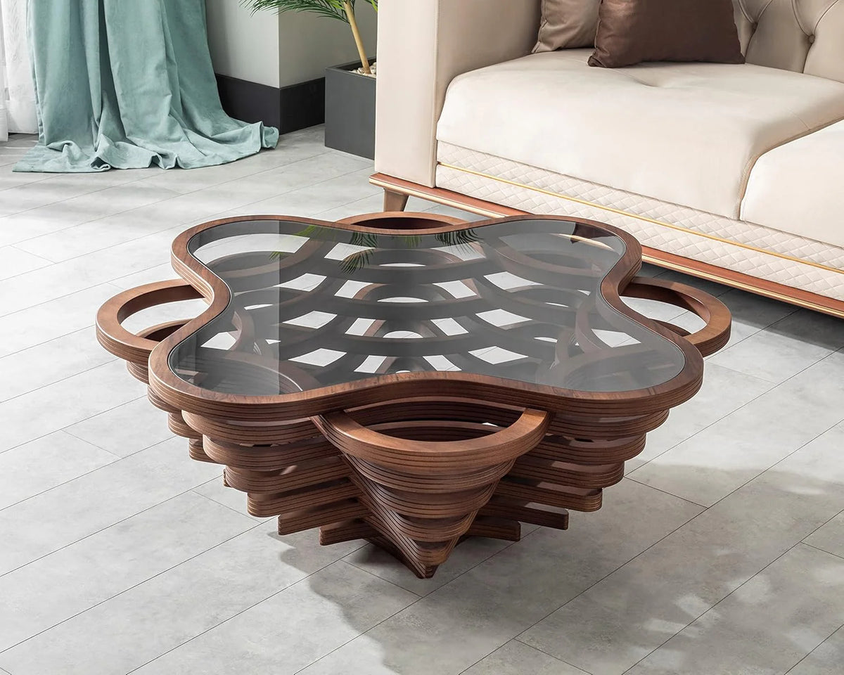 Coffee Table With Tempered Glass Tabletop And Natural Walnut Veneer, 35.43in D x 35.43in W x 16.53in H