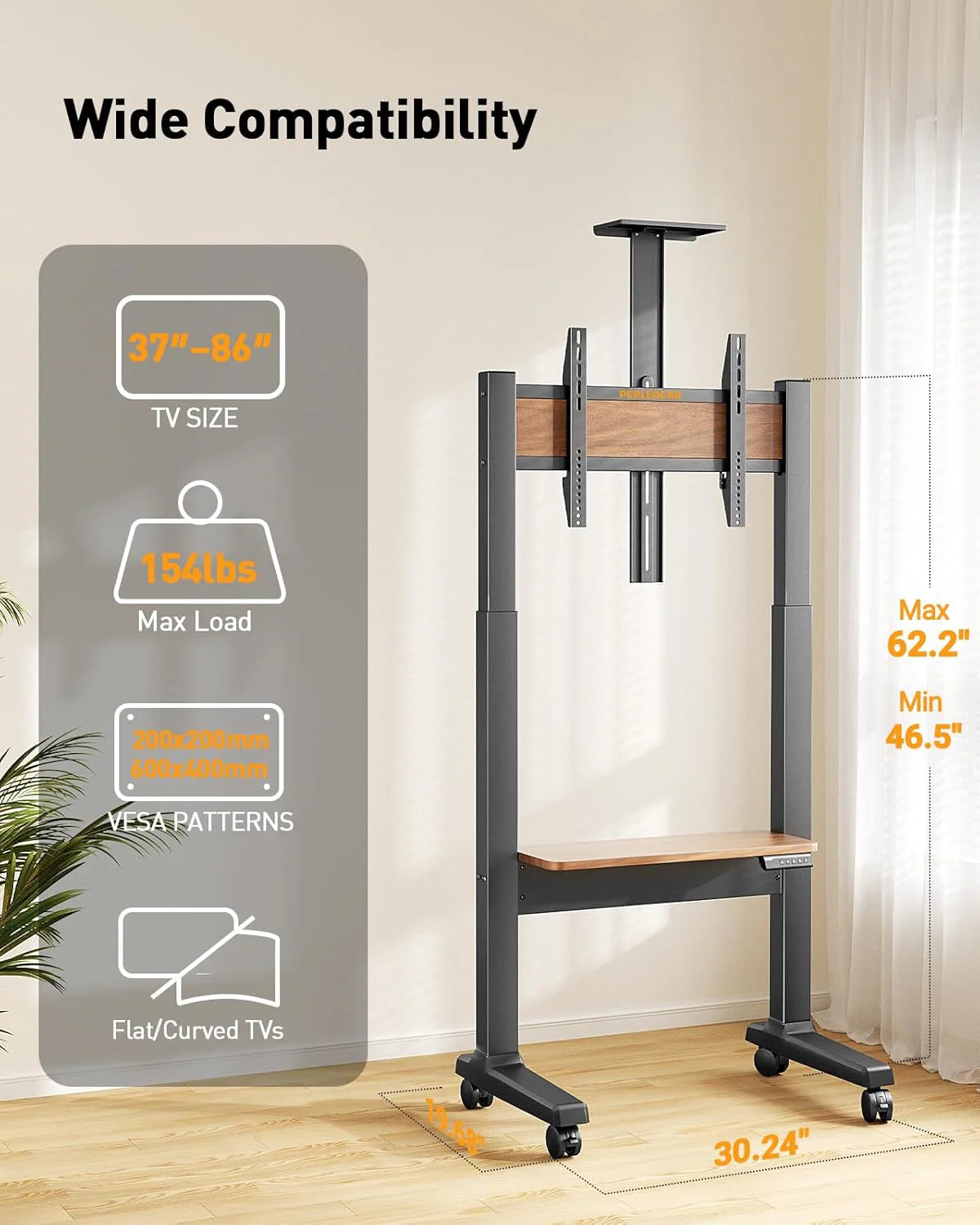 Perlegear Motorized Mobile TV Stand For 37-86 Inch TVs Up To 154 lbs, VESA 200x200-600x400mm - PGTVMC26B