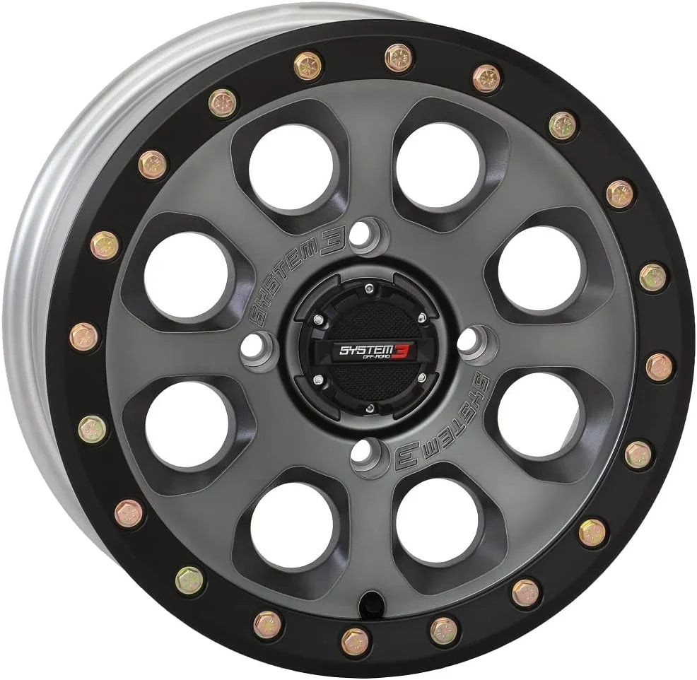 System 3 SB-7 Beadlock ATV/UTV Wheels 15x7 Titanium 4 Pack With Gorilla Lug Kit - 15S3-7656