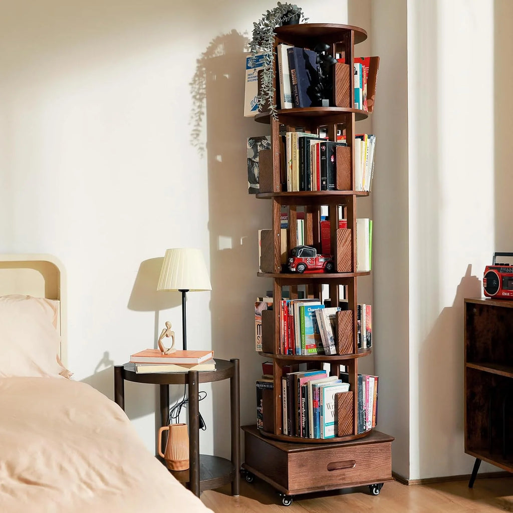 Solid Wood Rotating Bookshelf With 5 Shelves, 1 Drawer, Wheels, Walnut Finish, 72-inch High