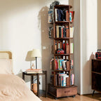 Solid Wood Rotating Bookshelf With 5 Shelves, 1 Drawer, Wheels, Walnut Finish, 72-inch High