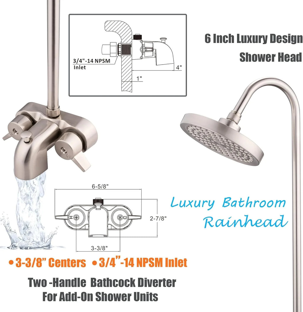 Clawfoot Tub Shower Kit With Bathcock Diverter Faucet And 48 x 27 in Rectangular Curtain Rod - Brushed Nickel