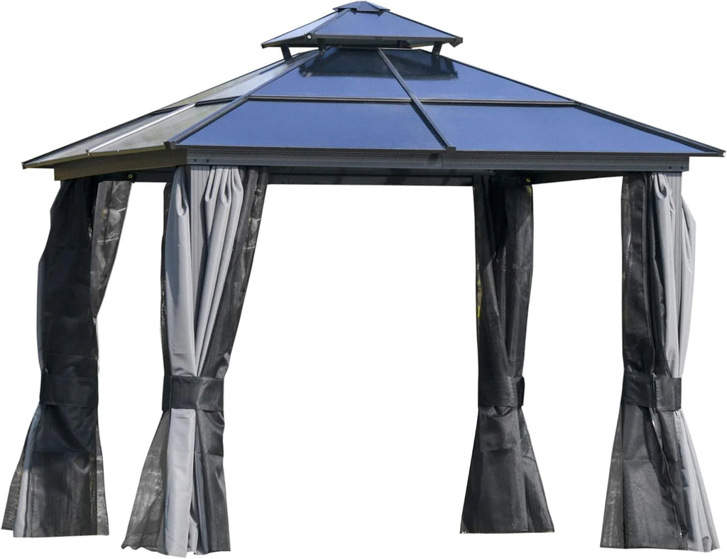 Hard-Top Outdoor Gazebo Canopy, Polycarbonate Roof, Aluminum Frame, 10 Feet X 12 Feet, Light Gray