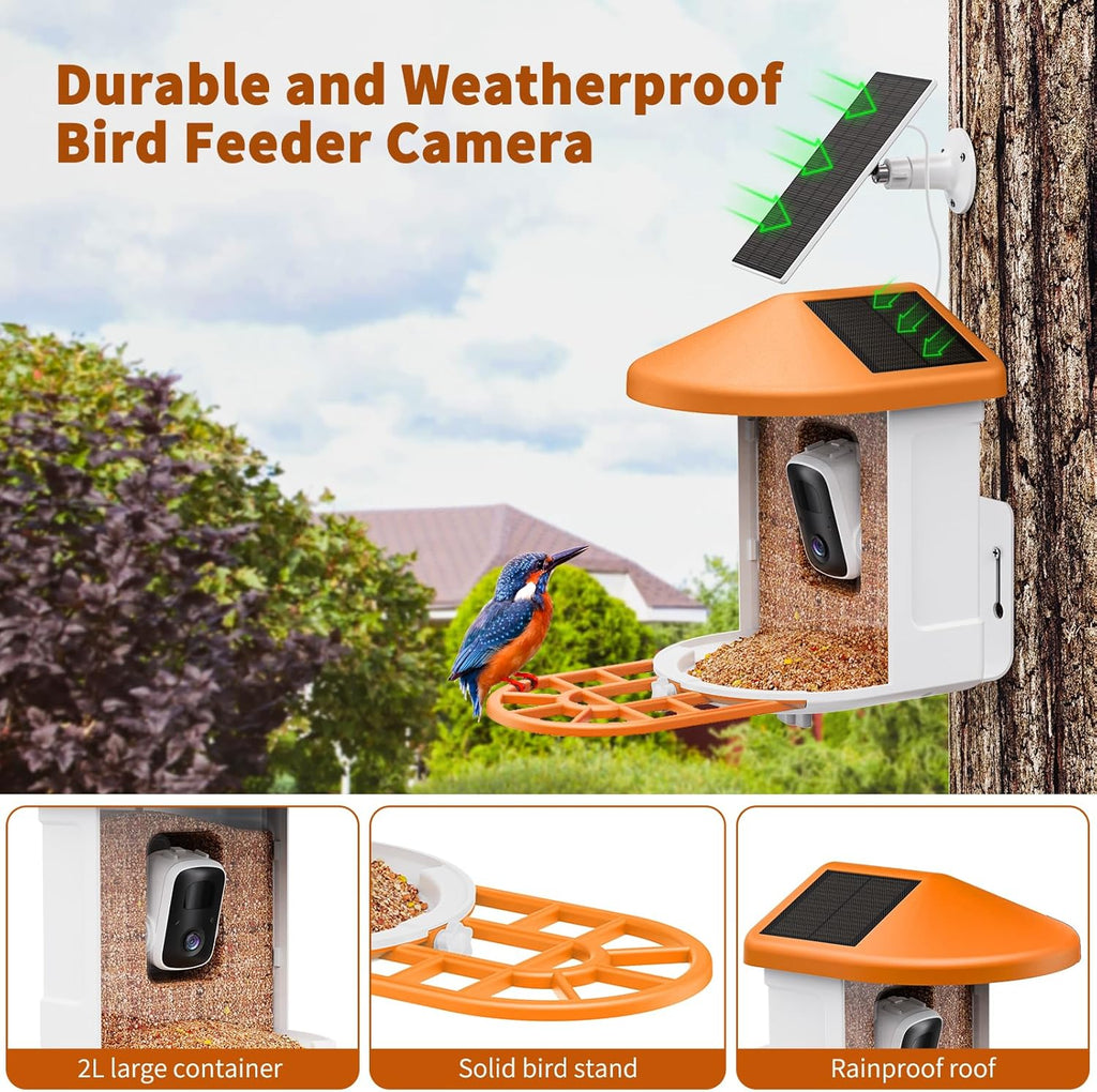 Harymor Bird Feeder Camera With AI Bird Identification, 2K Live View, Solar Panels, Orange