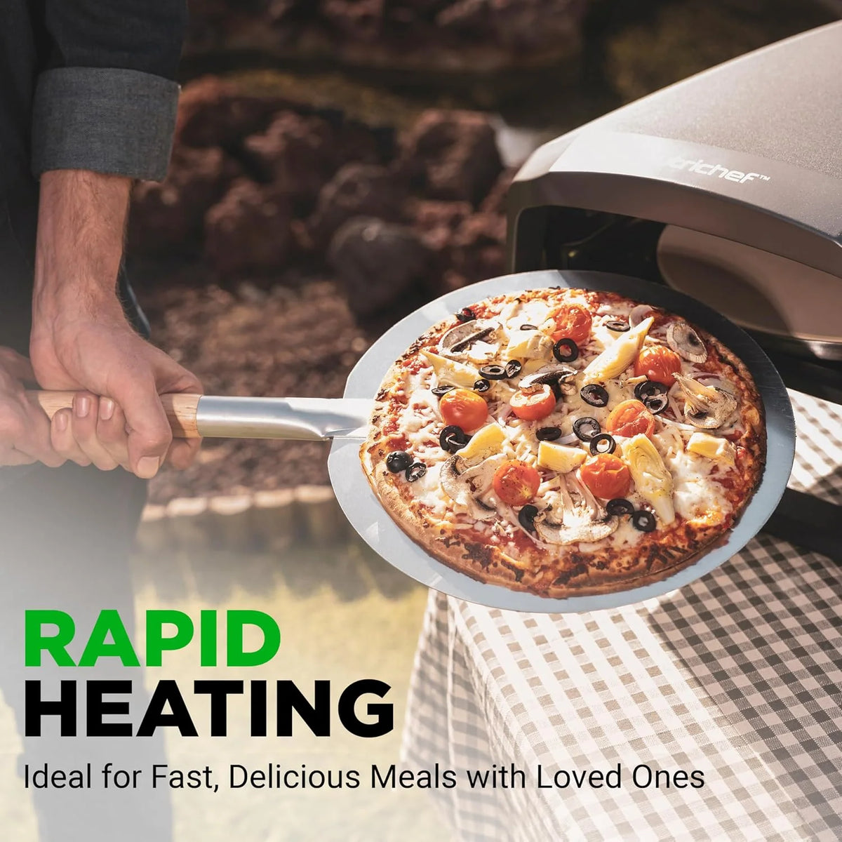 Outdoor Pizza Oven With 360-Degree Rotating Stone, 12-Inch, Black, Carbon Steel, 32.9 x 16.1 x 12.4 Inches