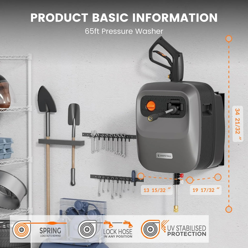 Giraffe Tools Wall-Mounted Pressure Washer, 2500 PSI, 2.2 GPM, 65 FT Hose, Dark Silver - G20 Pro