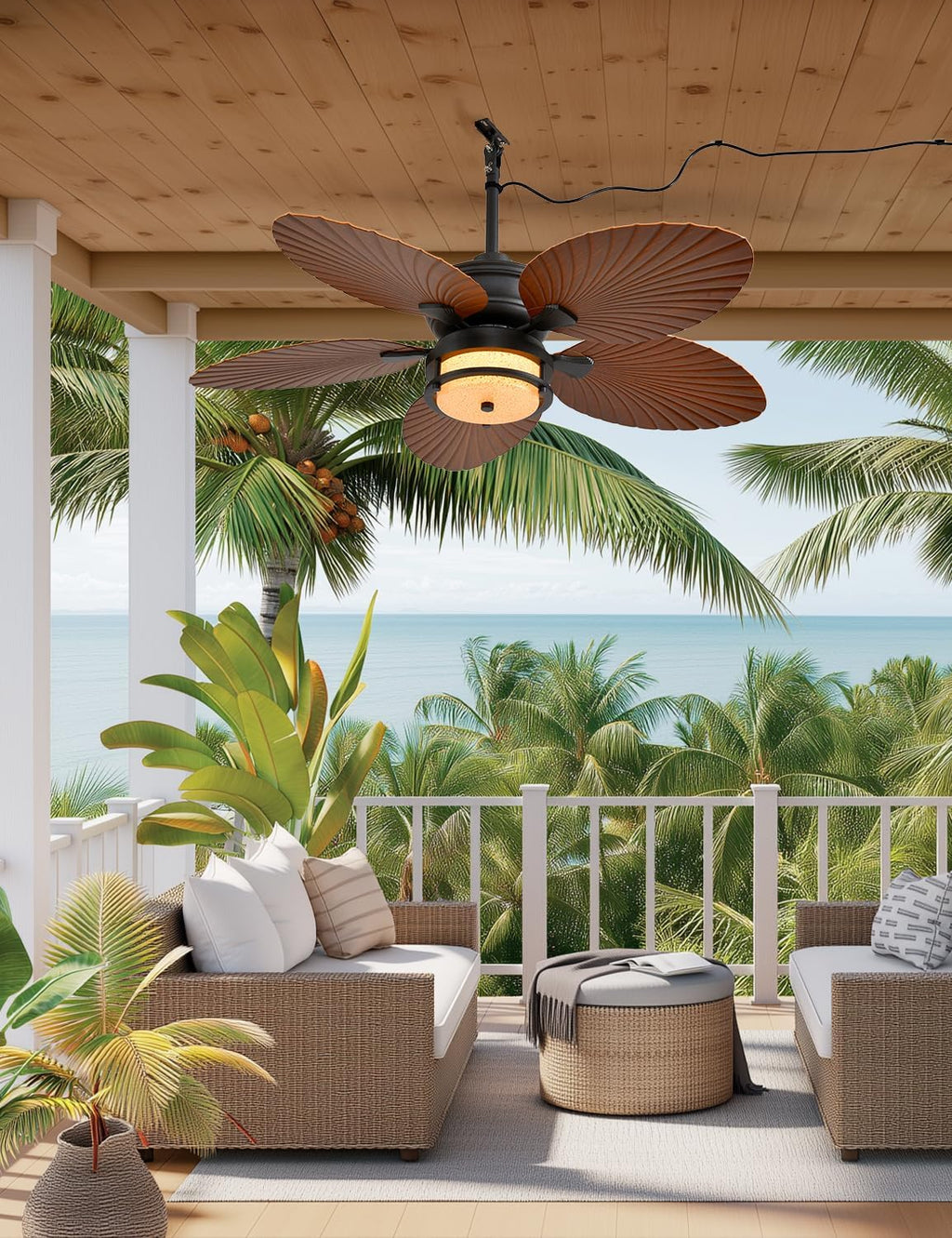 52-Inch Outdoor Tropical Palm Leaf Ceiling Fan With Plug-In Wall Mount