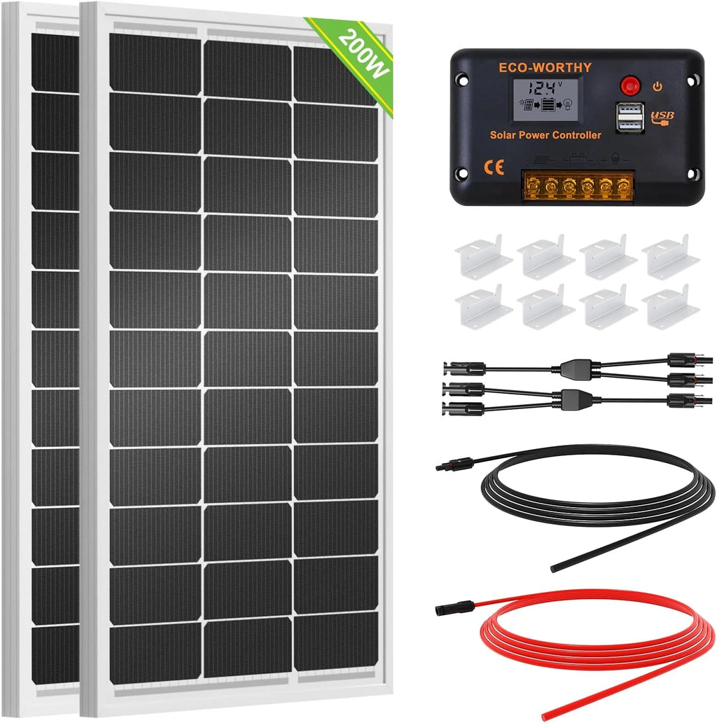 ECO-WORTHY 200 Watts Monocrystalline Solar Panel Kit, 12 Volt/24 Volt With 30A PWM Charge Controller