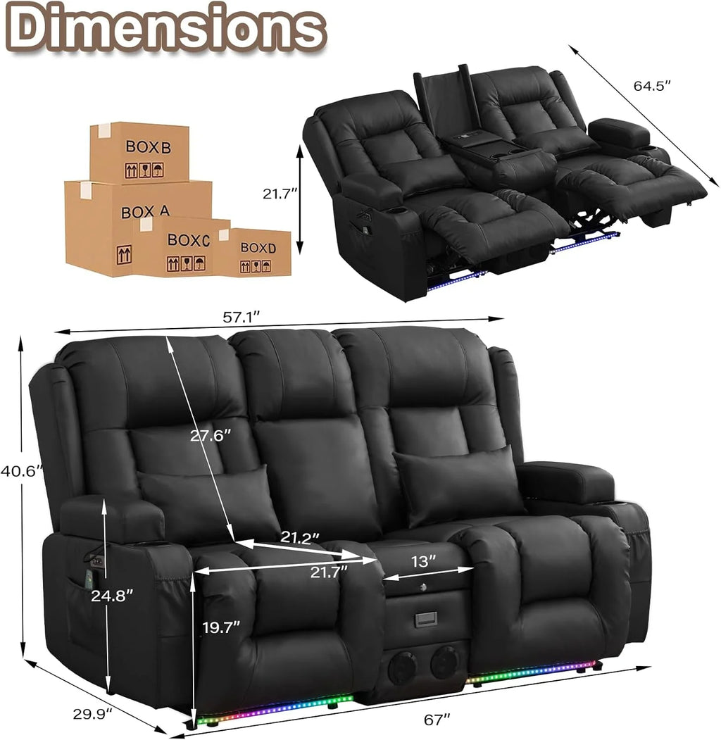 TUNYI Power Loveseat Recliner Sofa With Massage, Heat, Console, USB, Outlet, LED Light, Speakers And Storage - Brown