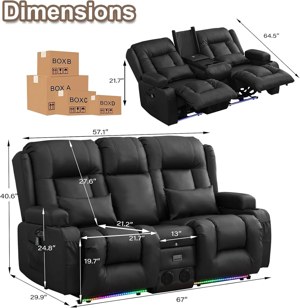 TUNYI Power Loveseat Recliner Sofa With Massage, Heat, Console, USB, Outlet, LED Light, Speakers And Storage - Brown