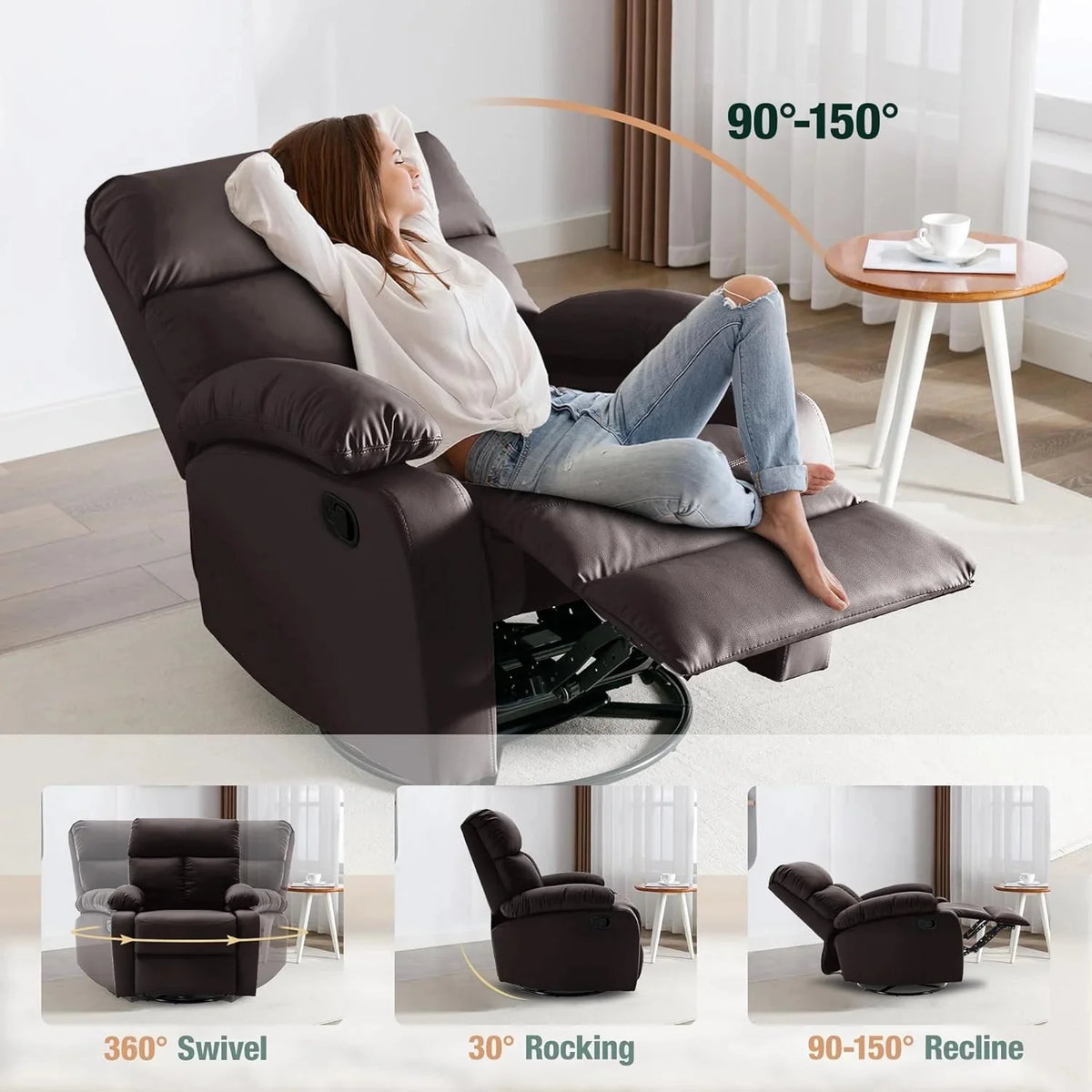 Swivel Rocker Recliner Chair For Compact Spaces - 32in D x 30.2in W x 38.9in H