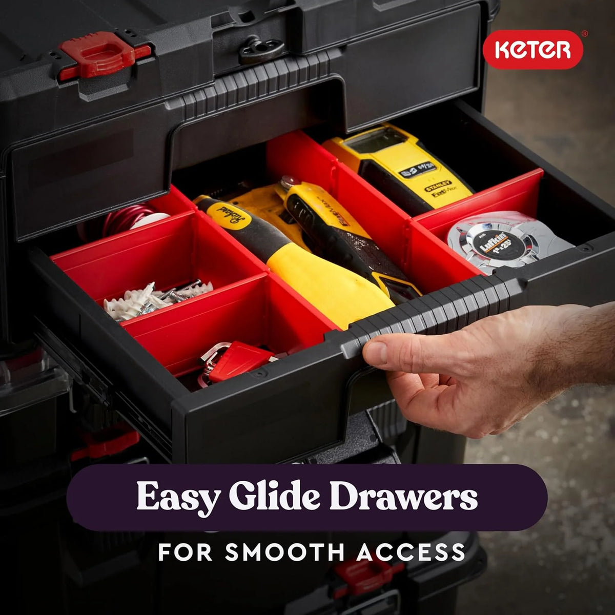 Keter Rolling Tool Box System, 3 Piece, Black/Red - 3 Piece Resin Modular Toolbox System