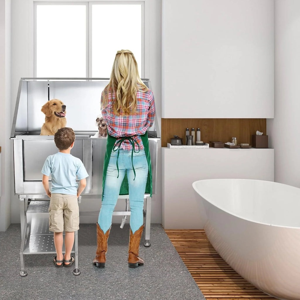 Cuisinaid Dog Grooming Tub, 50 in Stainless Steel With Ramp, Faucet, Sprayer, Drain Kit, Right Door