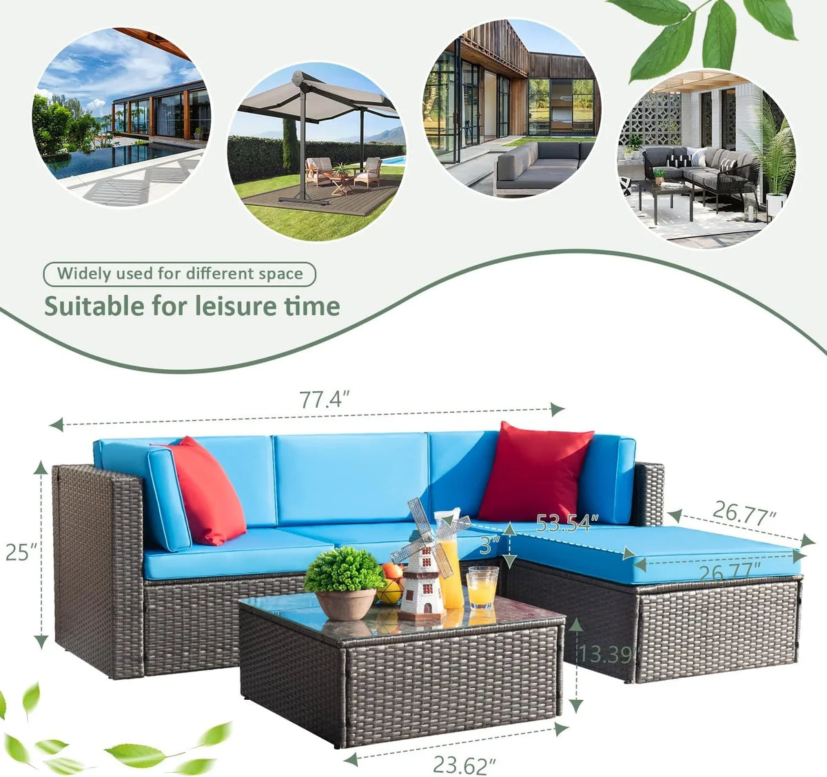 Devoko 5-Piece Outdoor Sectional Patio Sofa Set With Cushions And Glass Table - Beige