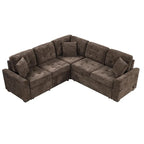 82.6 in L-Shaped Corded Velveteen Sectional Sleeper Sofa, Brown, USB Ports And Power Sockets - 82.6 in W x 82.6 in D x 33 in H