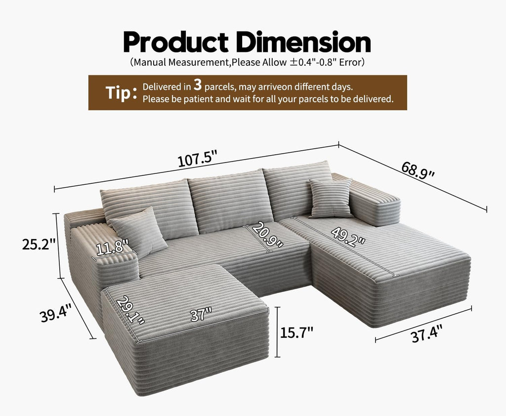 Settab Modular Sectional Sofa, 2 Seater Left-Facing Chaise, Black, 68.9 inch D x 107.5 inch W x 36.3 inch H
