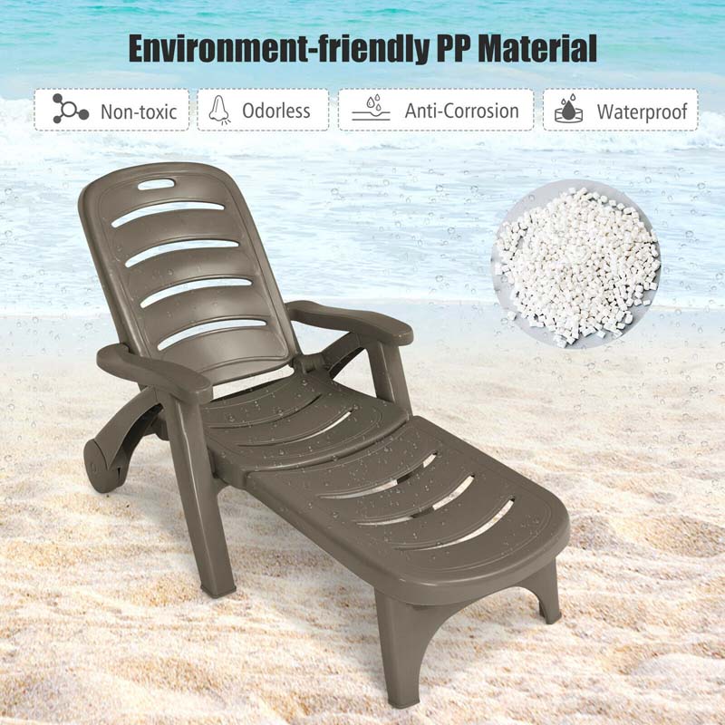 Rolling Folding Plastic Pool Lounge Chair With Armrests, 5 Position - Patio Deck Beach Chair