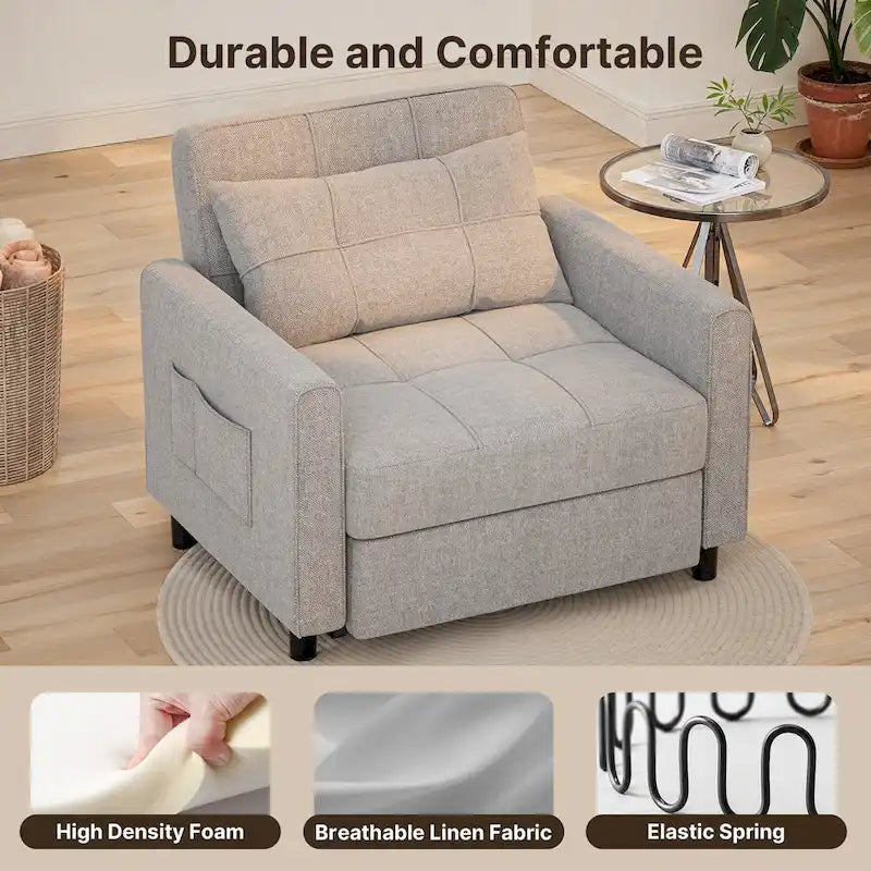 3-in-1 Pull-Out Sofa Bed Sleeper Chair, Adjustable Upholstered Lounge Couch