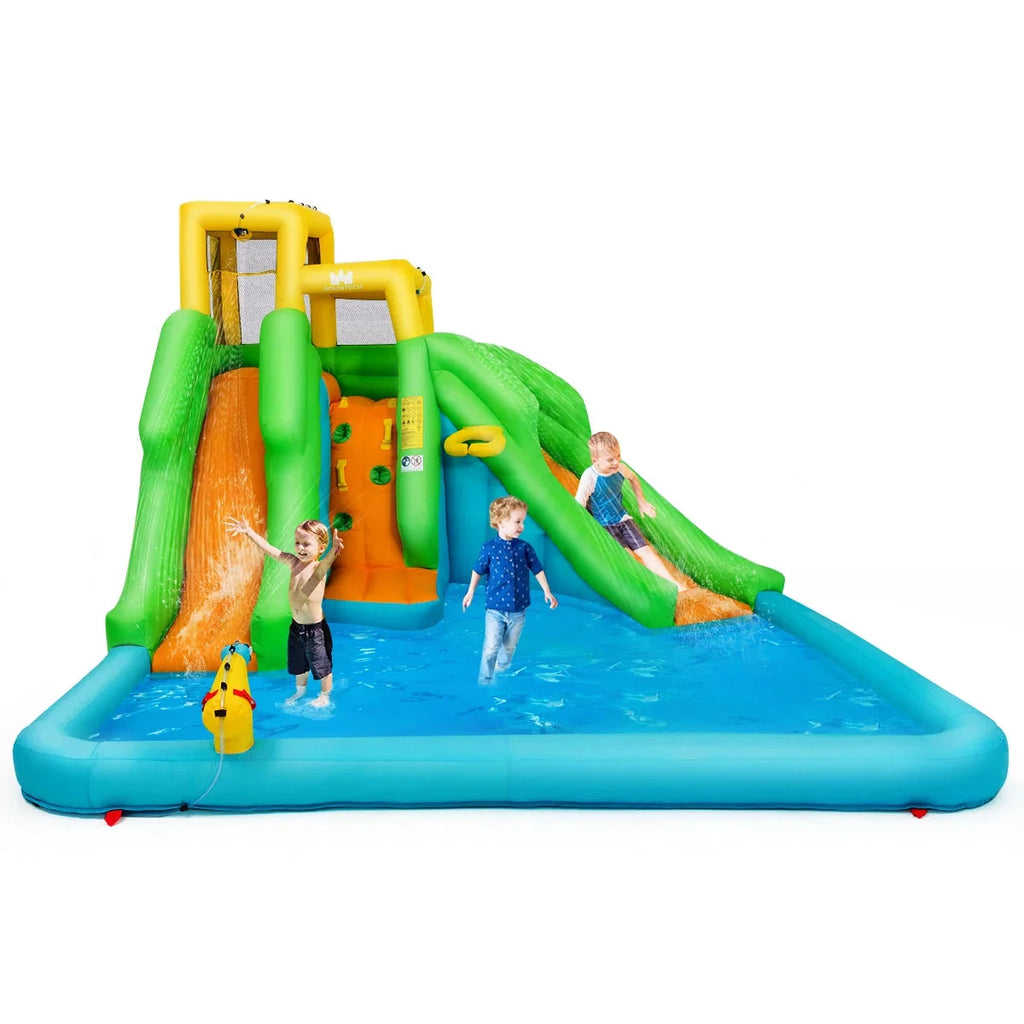 Inflatable Water Park Bounce House With Climbing Wall, Two Slides And Splash Pool - 157.5in x 142in x 100.5in