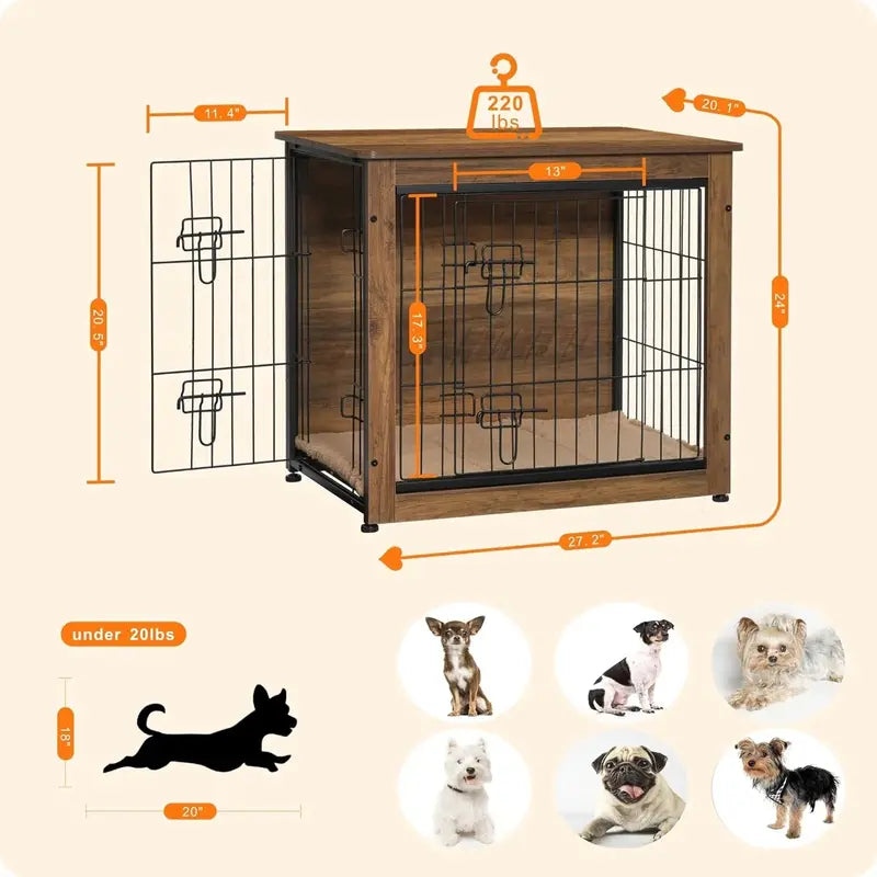 DWANTON Wooden Dog Crate Furniture With Cushion, Double Doors And Adjustable Feet