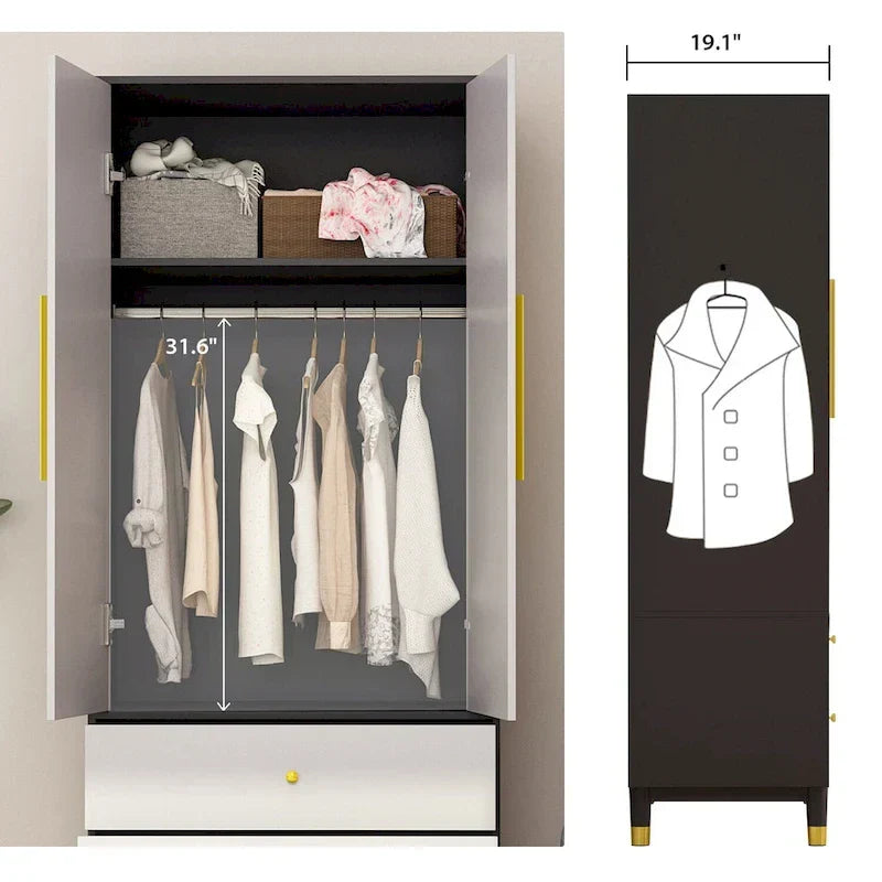2-Door Wardrobe Closet Armoire With 2 Drawers And Clothes Rail - 70.9H x 31.5W x 19.1D