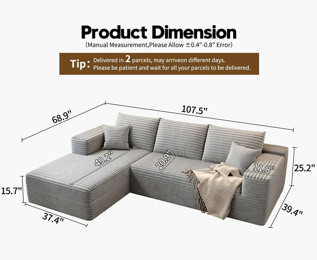 Settab Modular Sectional Sofa, 2 Seater Left-Facing Chaise, Black, 68.9 inch D x 107.5 inch W x 36.3 inch H