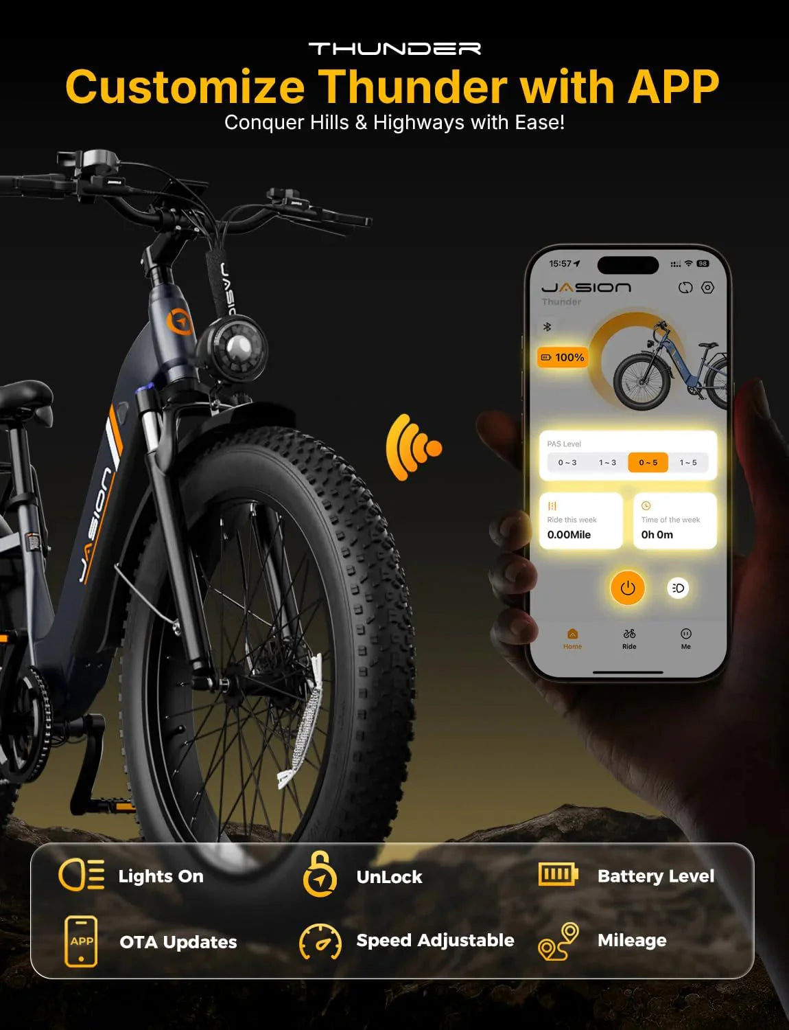 Jasion Electric Bike 1500W, 30+ MPH, 35-80 Miles, 26 in x 4 in Fat Tires - THUNDER