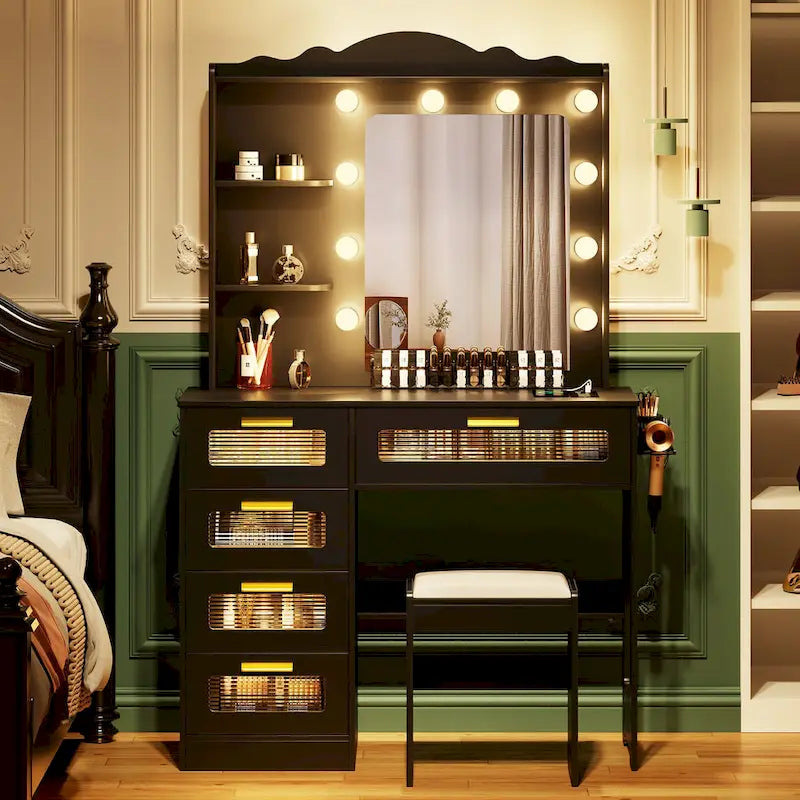 Makeup Vanity With 3 Lighting Colors, 2 Shelves And 5 Drawers - 57.2 H x 37.4 W x 15.7 D