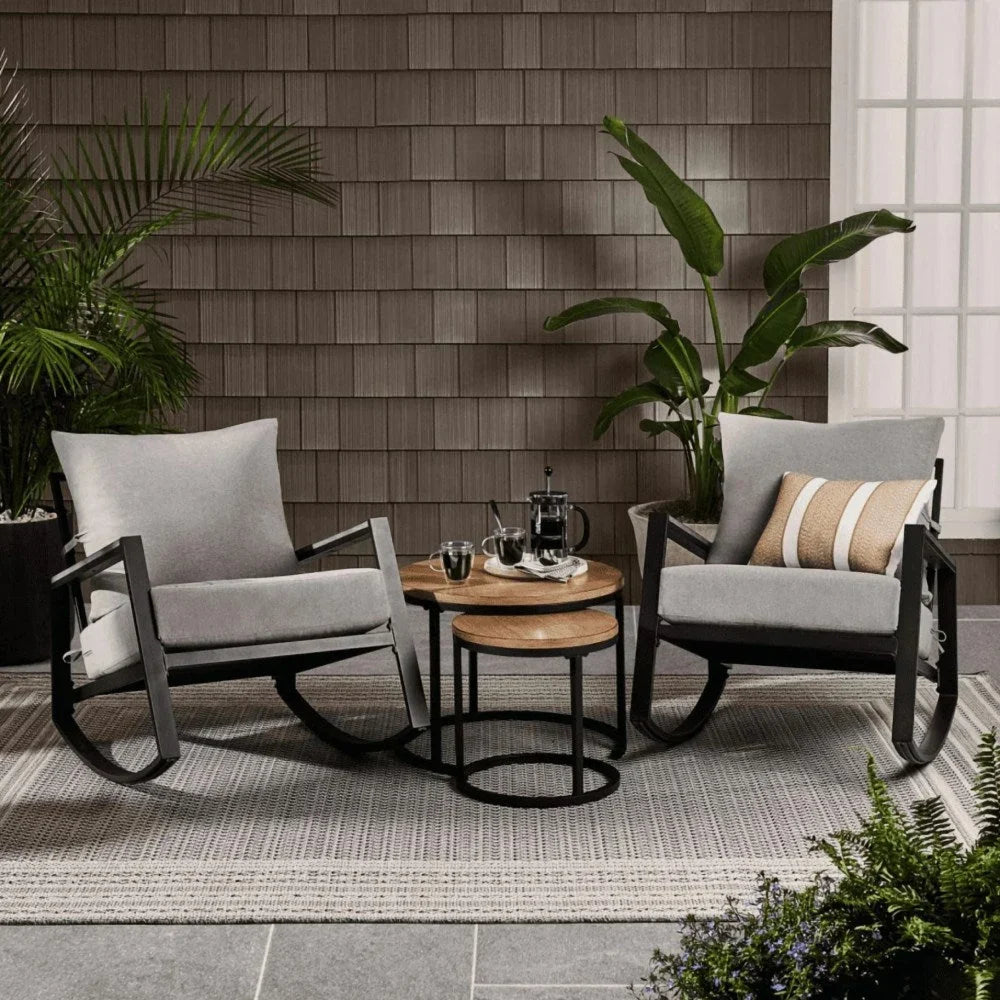 Better Homes & Gardens Marlow Outdoor Patio Rocking Chairs, 2-Pack, Black Frame/Gray Cushion