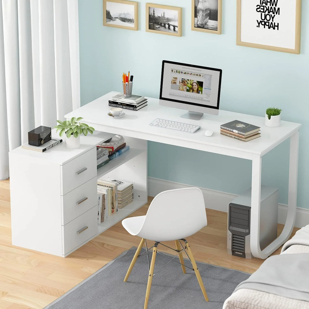 L-Shaped Computer Desk With 3 Drawers, 2 Shelves, And 55 Inch Work Surface