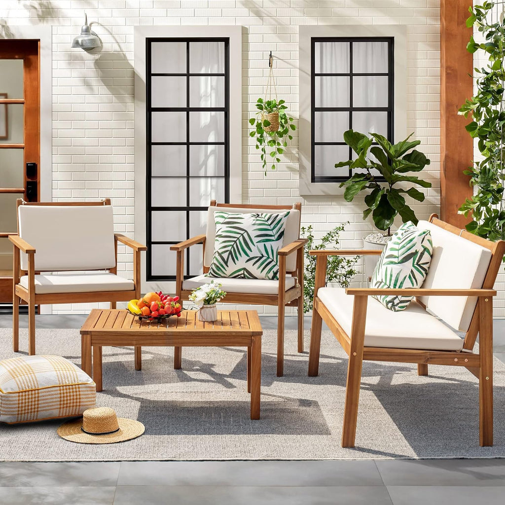 4 Piece Outdoor Acacia Wood Patio Conversation Set With Table And Cushions