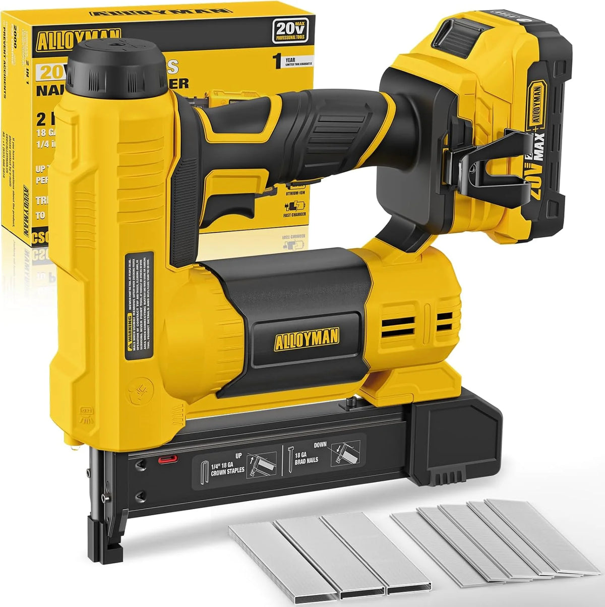 Alloyman 18 Gauge 2-in-1 Cordless Brad Nailer and Stapler With 20V 2.0Ah Battery - A-DQ-02