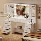 UGTOO Makeup Vanity Desk With Mirror And Lights, 58.27 in, 10 Adjustable LED Bulbs, 8 Drawers, 2 Cabinets, White