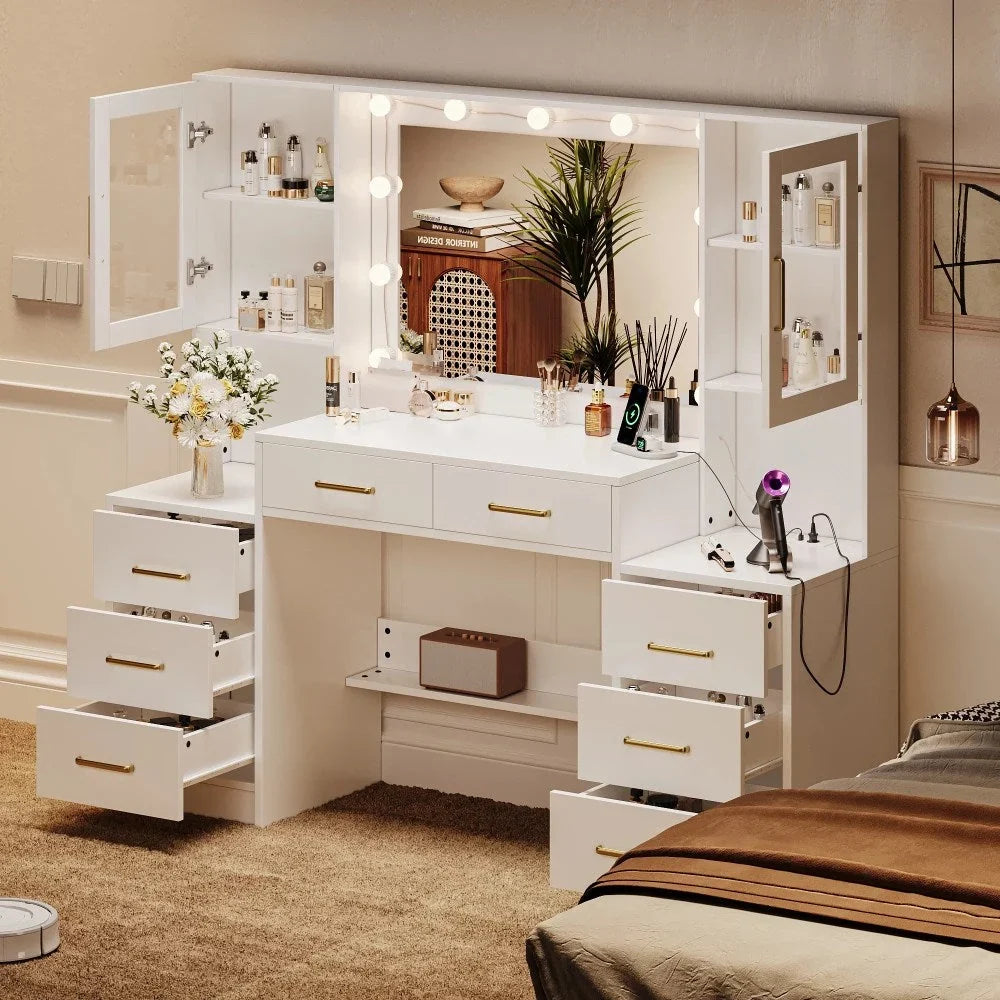 UGTOO Makeup Vanity Desk With Mirror And Lights, 58.27 in, 10 Adjustable LED Bulbs, 8 Drawers, 2 Cabinets, White