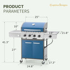 Captiva Designs 4-Burner Propane Gas Grill With Side Burner, 42,000 BTU, Silver - GR001