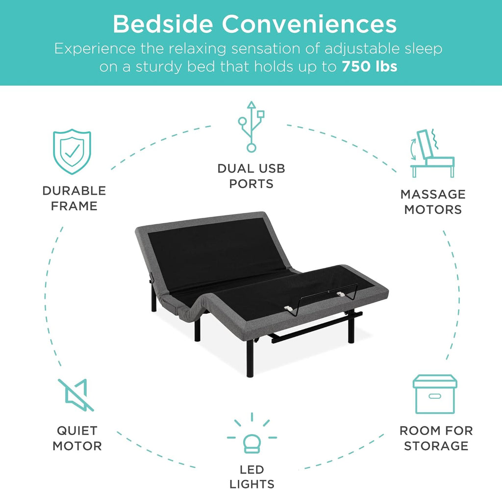 Twin XL Electric Adjustable Bed Base With Wireless Remote, Massage, Night Light, 2 USB Ports, 750 lb - 80 in x 38 in x 14 in