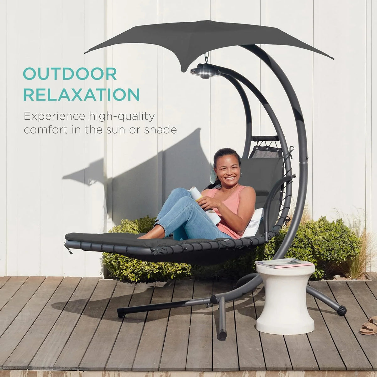 Best Choice Products Outdoor Hanging Steel Chaise Lounge Chair With Canopy, Charcoal Gray - SKY5871