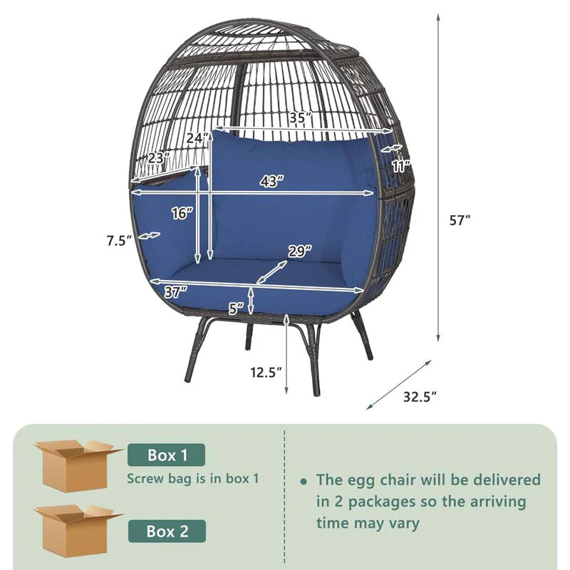 Oversized Wicker Egg Chair With 4 Cushions, 43 x 32.5 x 57 in