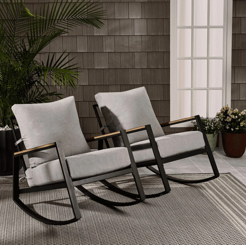 Better Homes & Gardens Marlow Outdoor Patio Rocking Chairs, 2-Pack, Black Frame/Gray Cushion