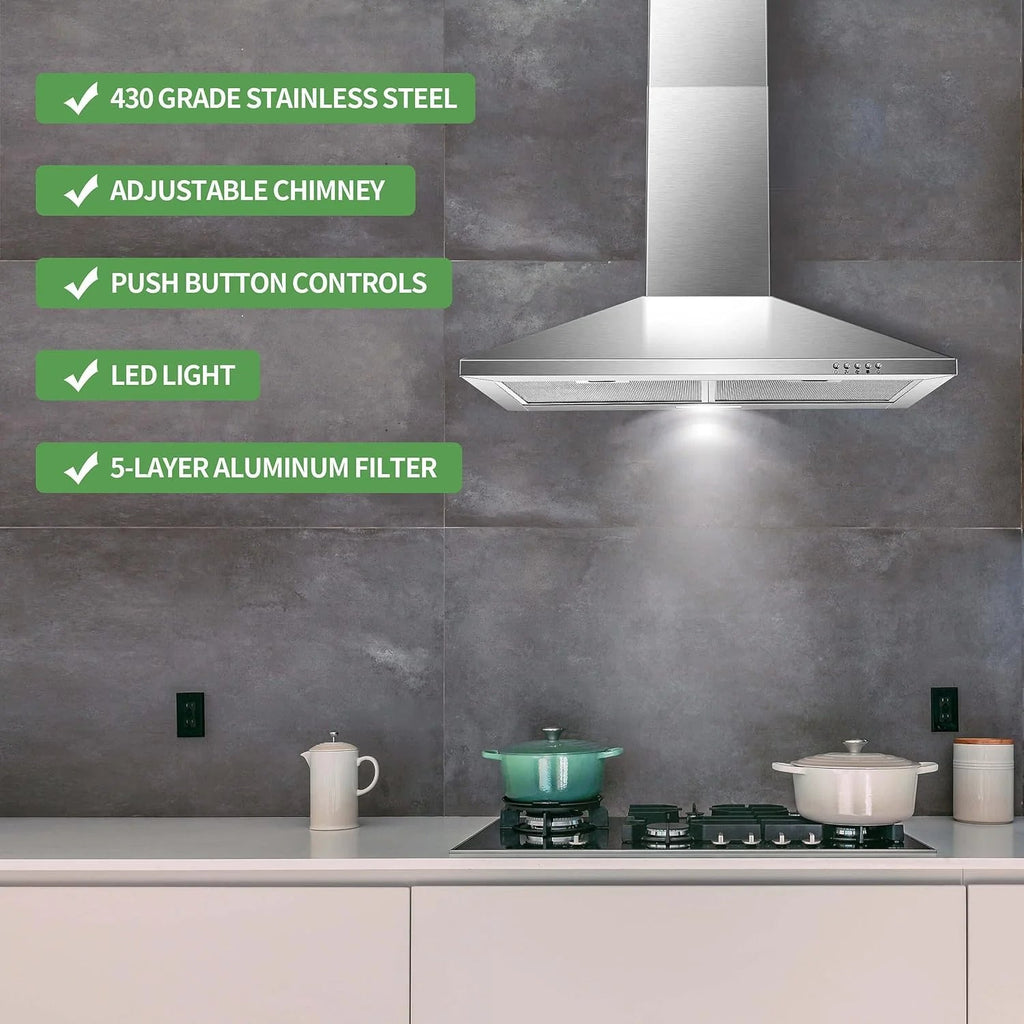 30 Inch Wall Mount Stainless Steel Range Hood With LED Light