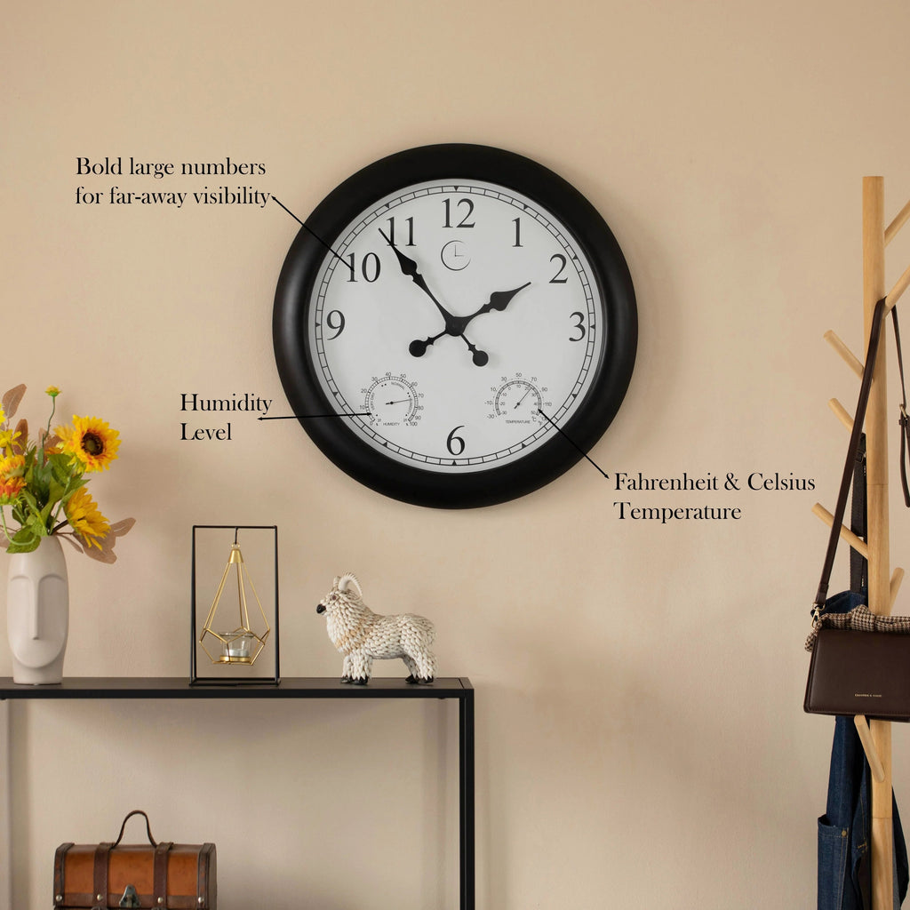 Outdoor Wall Clock With Thermometer And Hygrometer, 24-Inch, Black