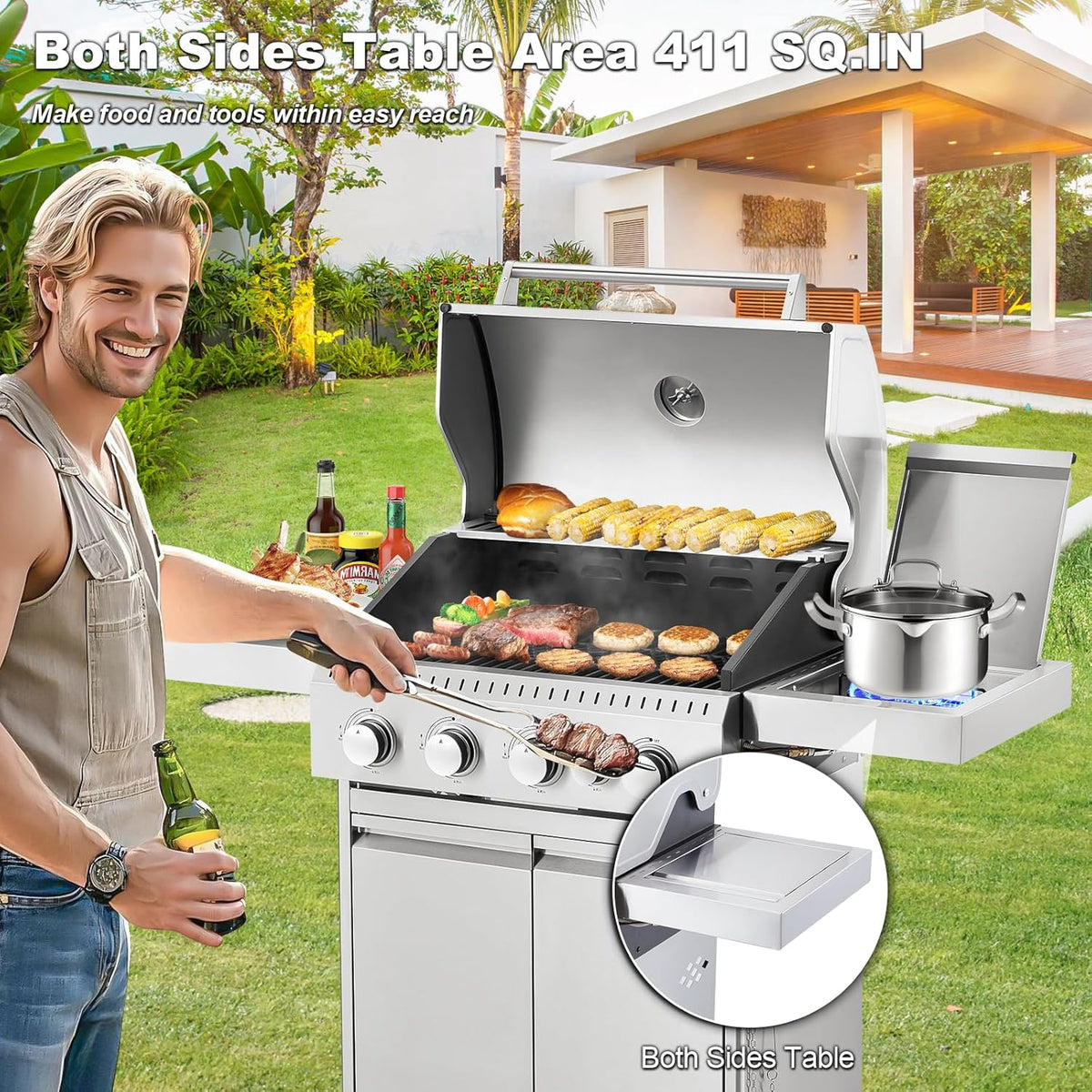 4-Burner Propane Gas Grill With Cast Iron Grates, Side Stove And 44,000 BTU Stainless Steel Burners