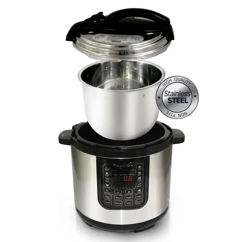MegaChef 8 Qt Stainless Steel Electric Pressure Cooker With Digital Presets And Slow Cook Function