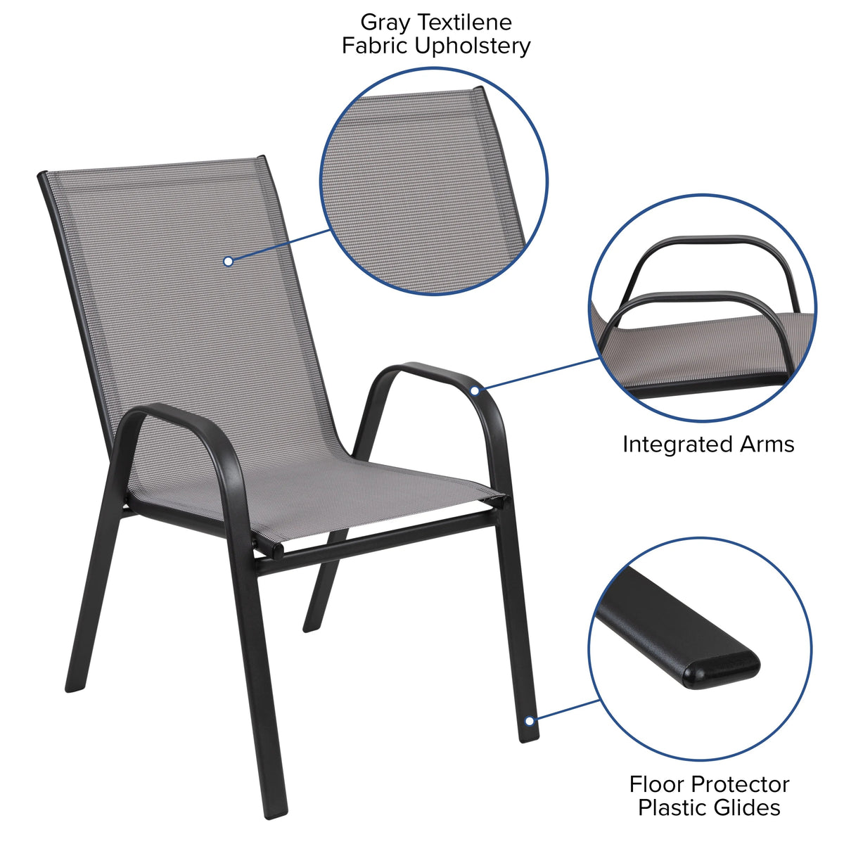 Emma + Oliver Outdoor Stack Chairs, Gray, 4 Pack, 21.25in W x 29in D x 36in H