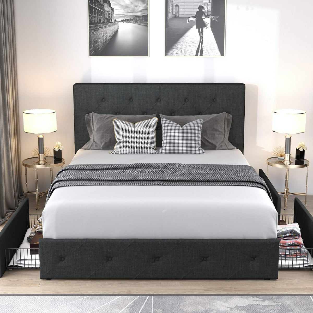 Queen Upholstered Linen Platform Bed Frame With 4 Storage Drawers, Light Grey - 83in L x 62.2in W x 42in H