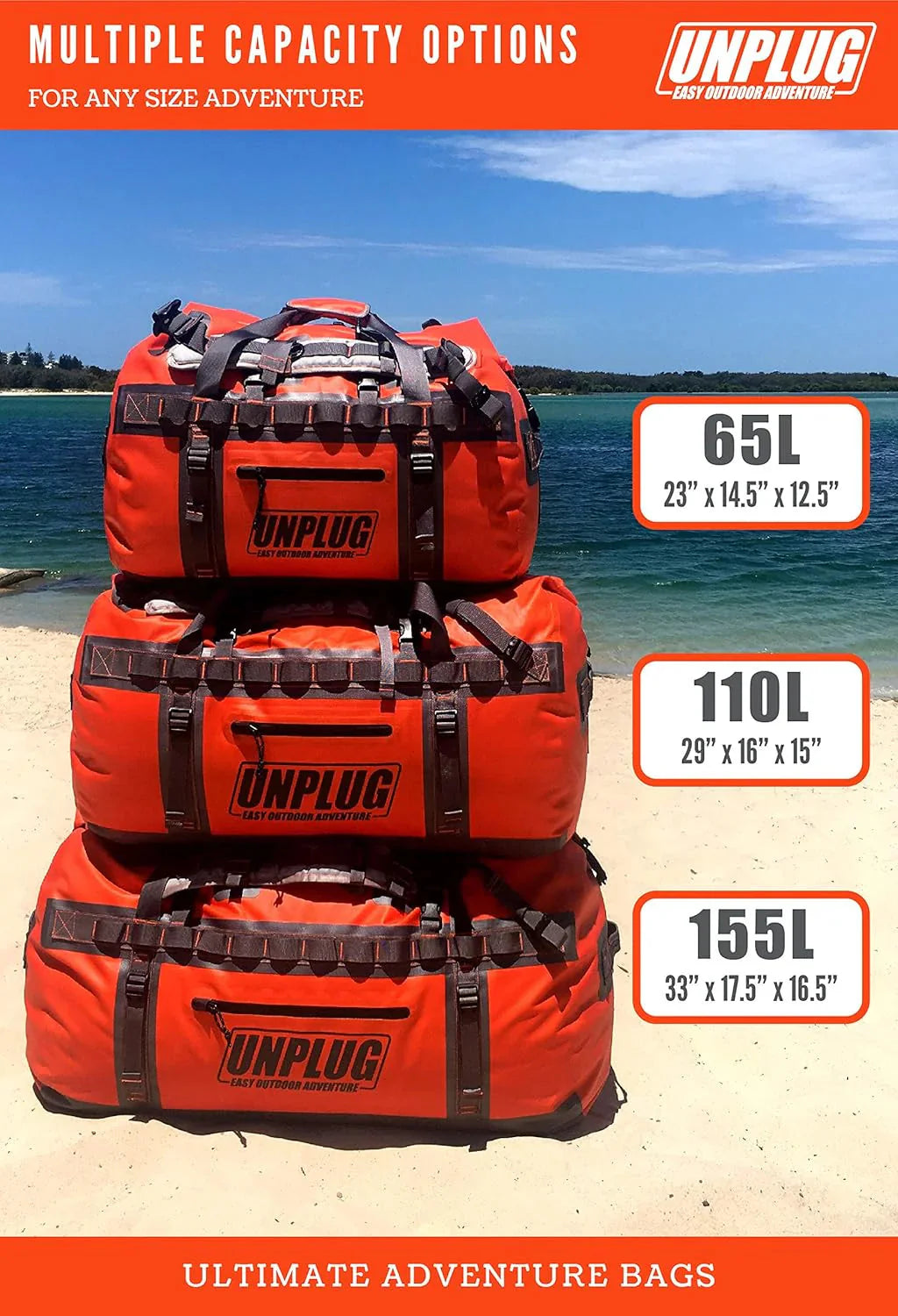 UNPLUG Waterproof Duffel Backpack, 65L, Adventure Orange - 100000