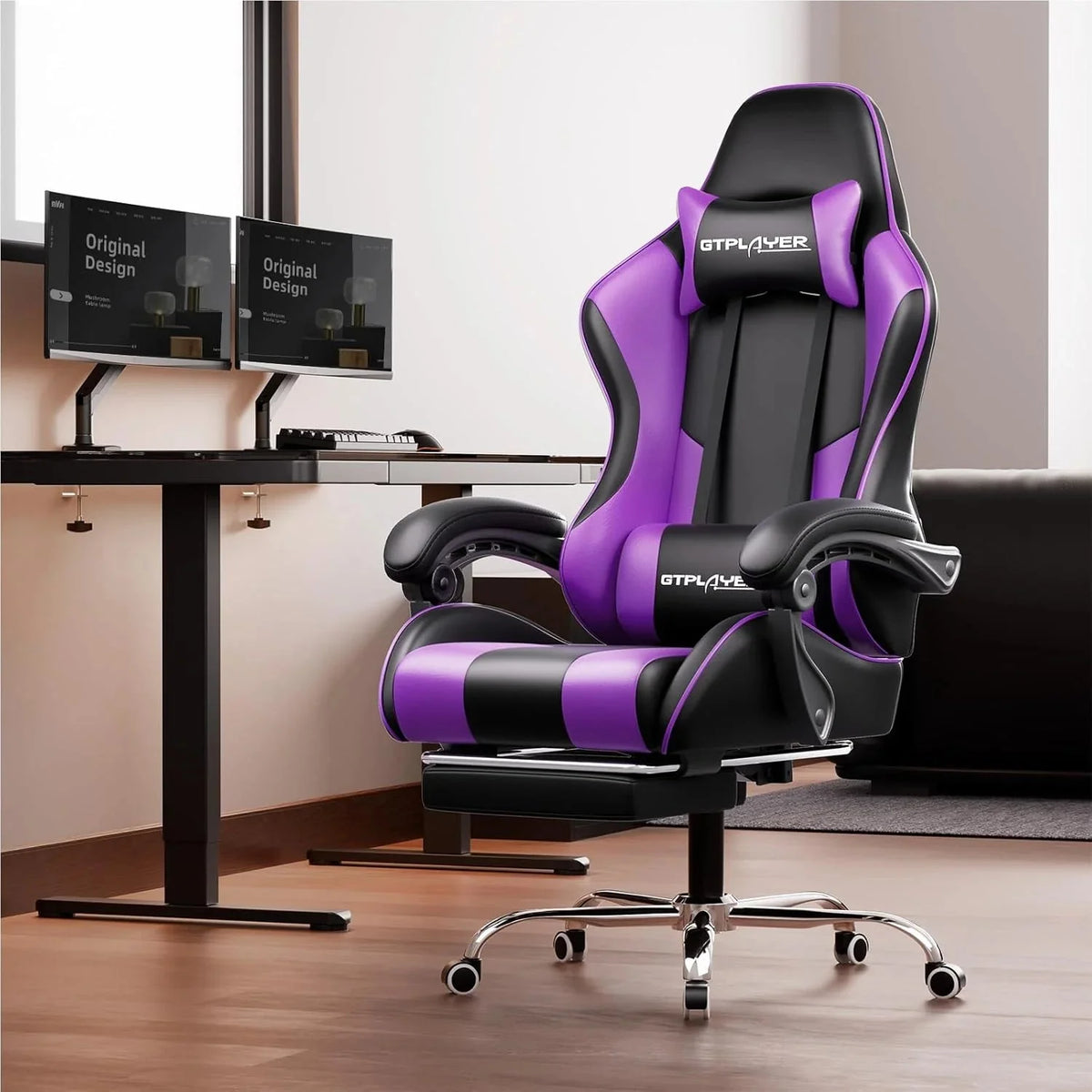 GTPLAYER Gaming Chair With Footrest, Lumbar Support, Headrest, Height Adjustment, White