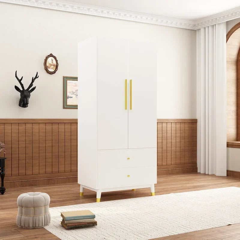 2-Door Wardrobe Closet Armoire With 2 Drawers And Clothes Rail - 70.9H x 31.5W x 19.1D